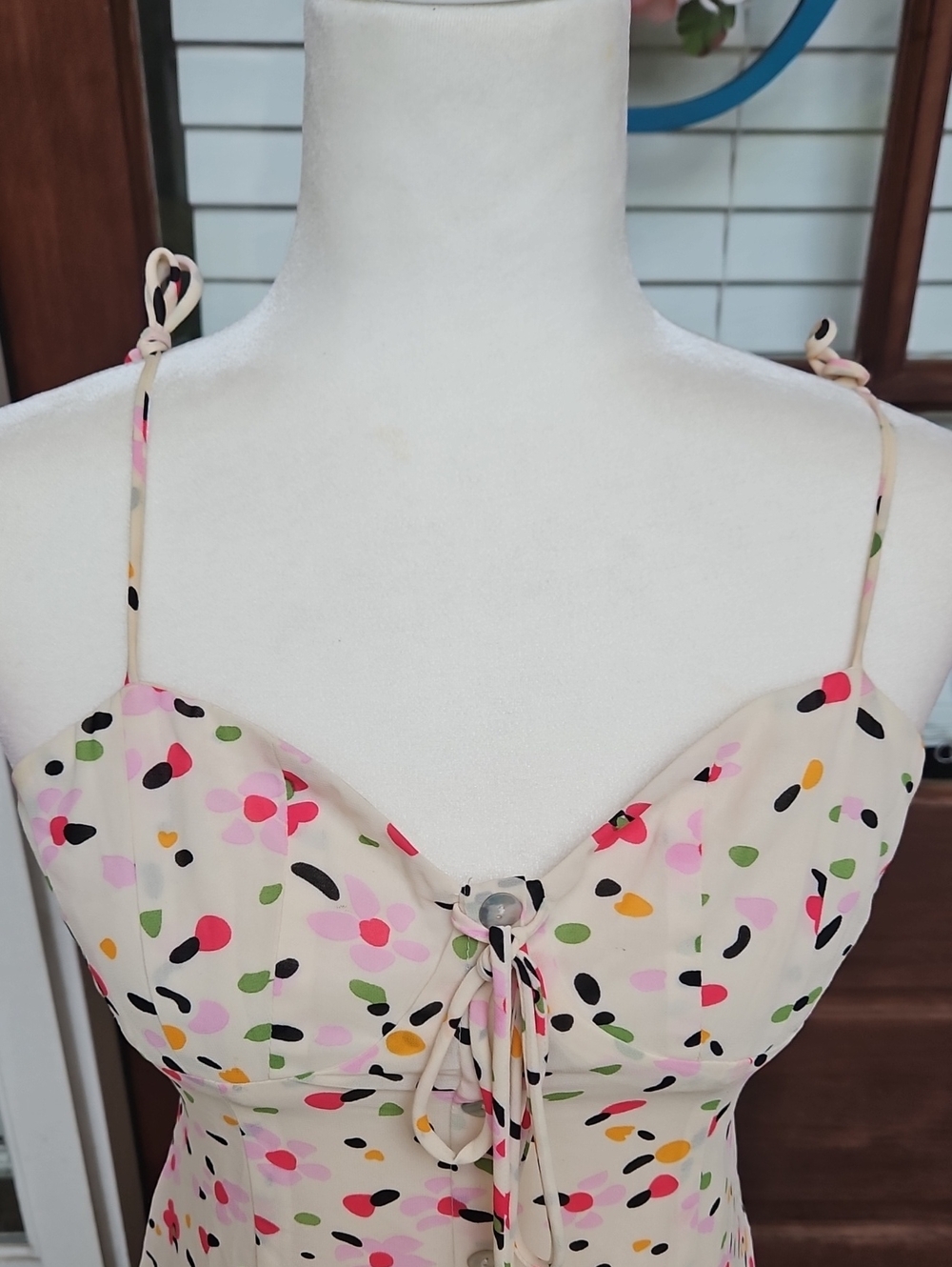 Princess Polly Cream Mini Dress with Pink & Red Floral Dot Button Down Print - Picture 4 of 6